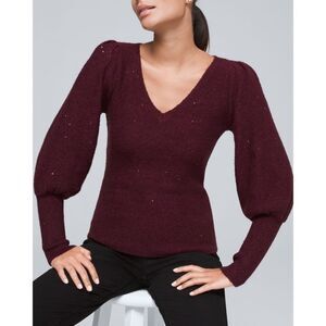 White House Black Market Womens MED Cabernet Sequin V Neck Sweater Puff Shoulder